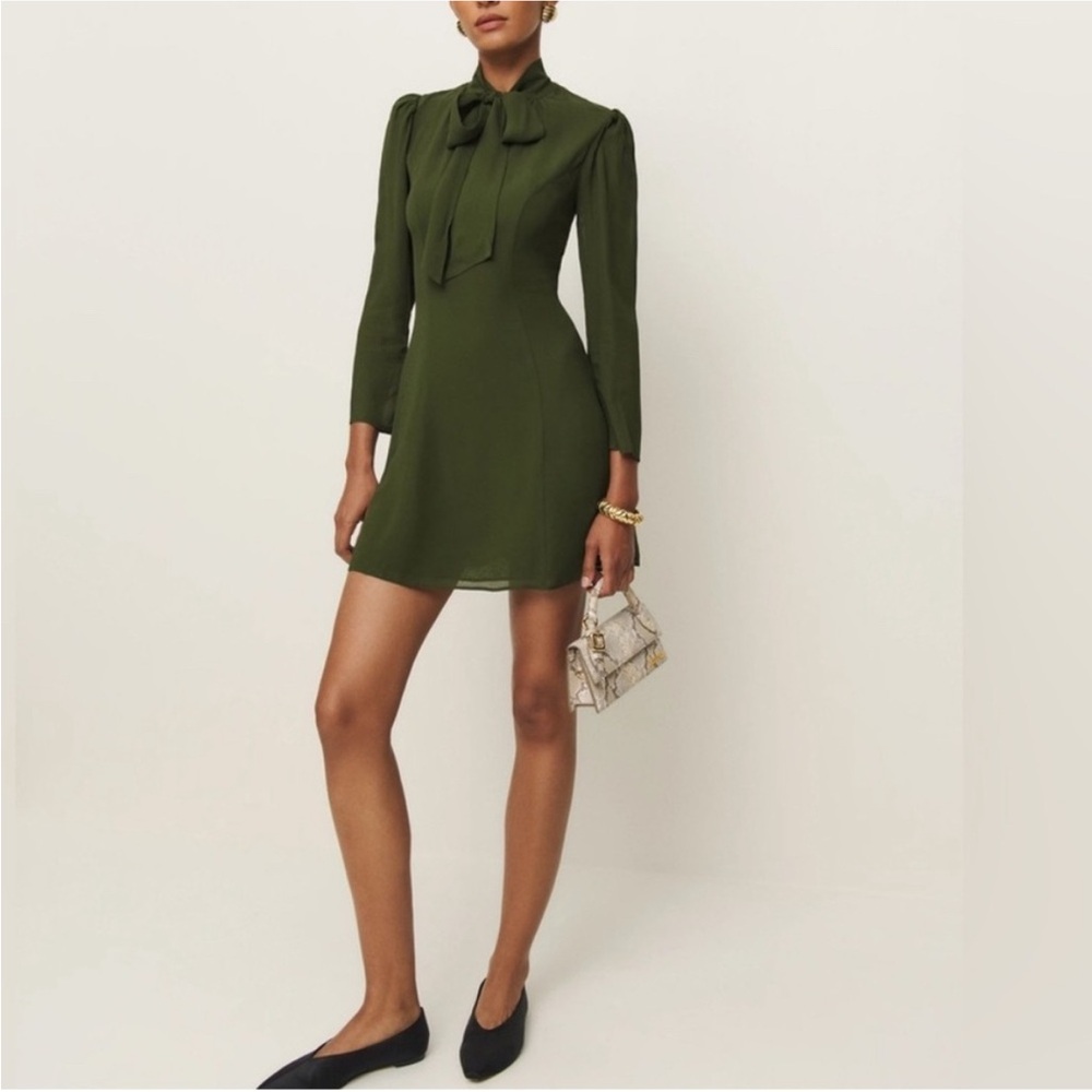 Reformation Olive Green Long Sleeve Bow Tie Mini Dress NWOT